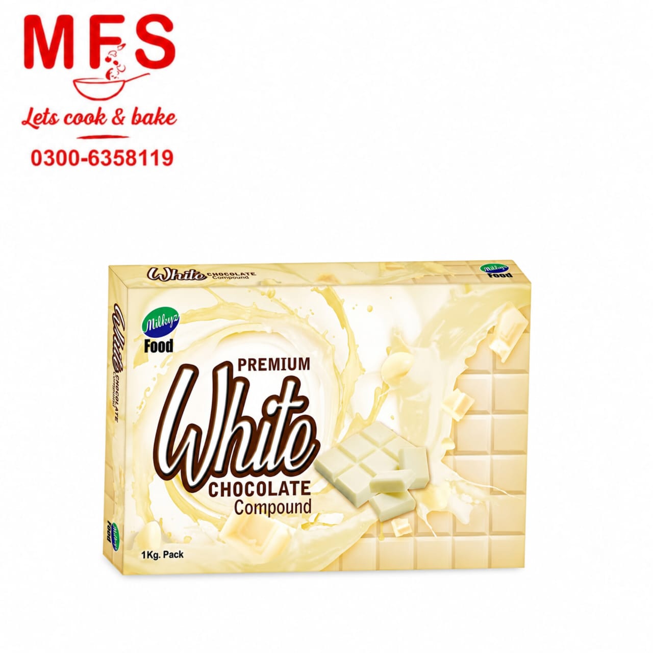 1 kg pack of Milkyz Food Premium White Chocolate Compound.
