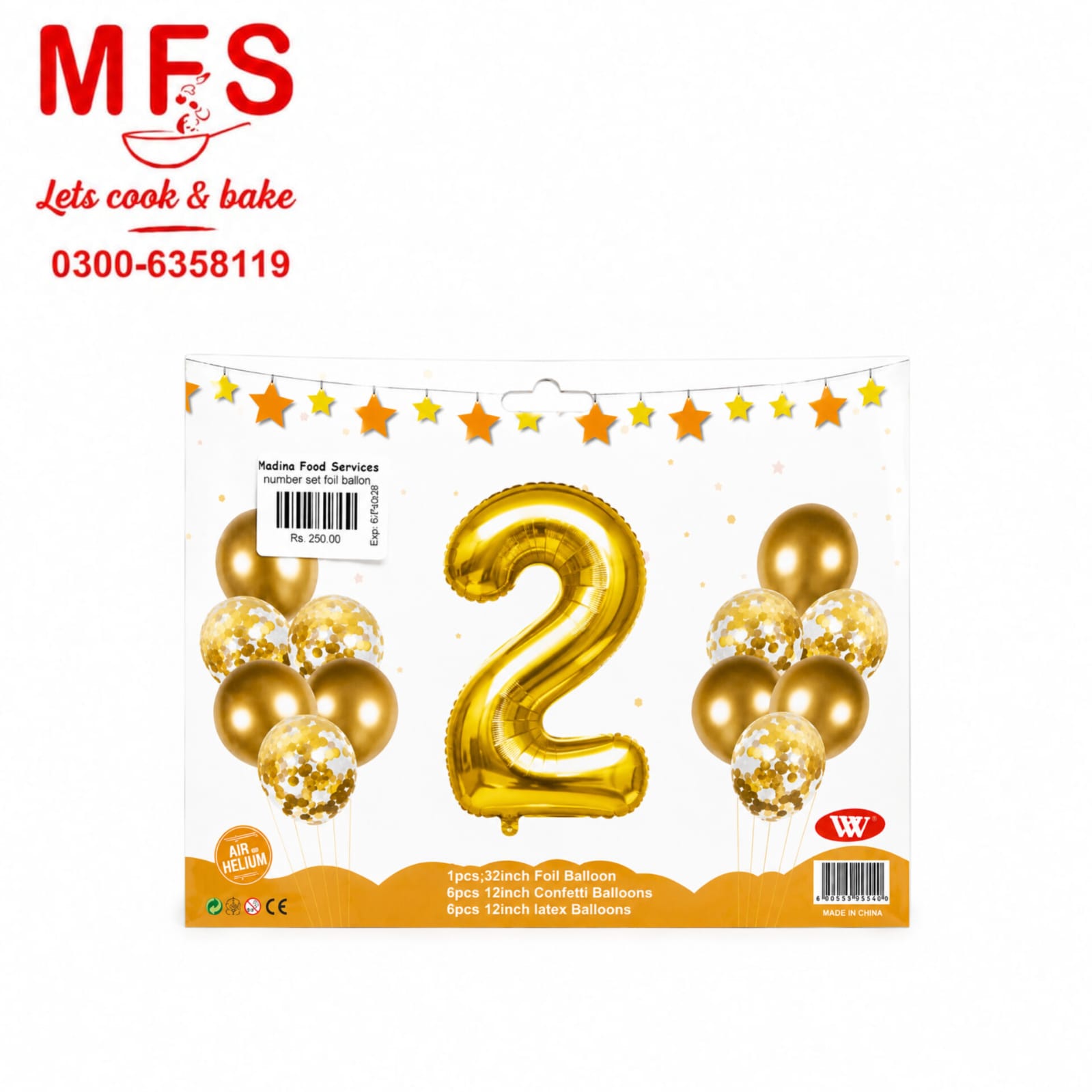 Balloons Metallic + Confetti + 32" Number 2 Golden ( pack of 13 )