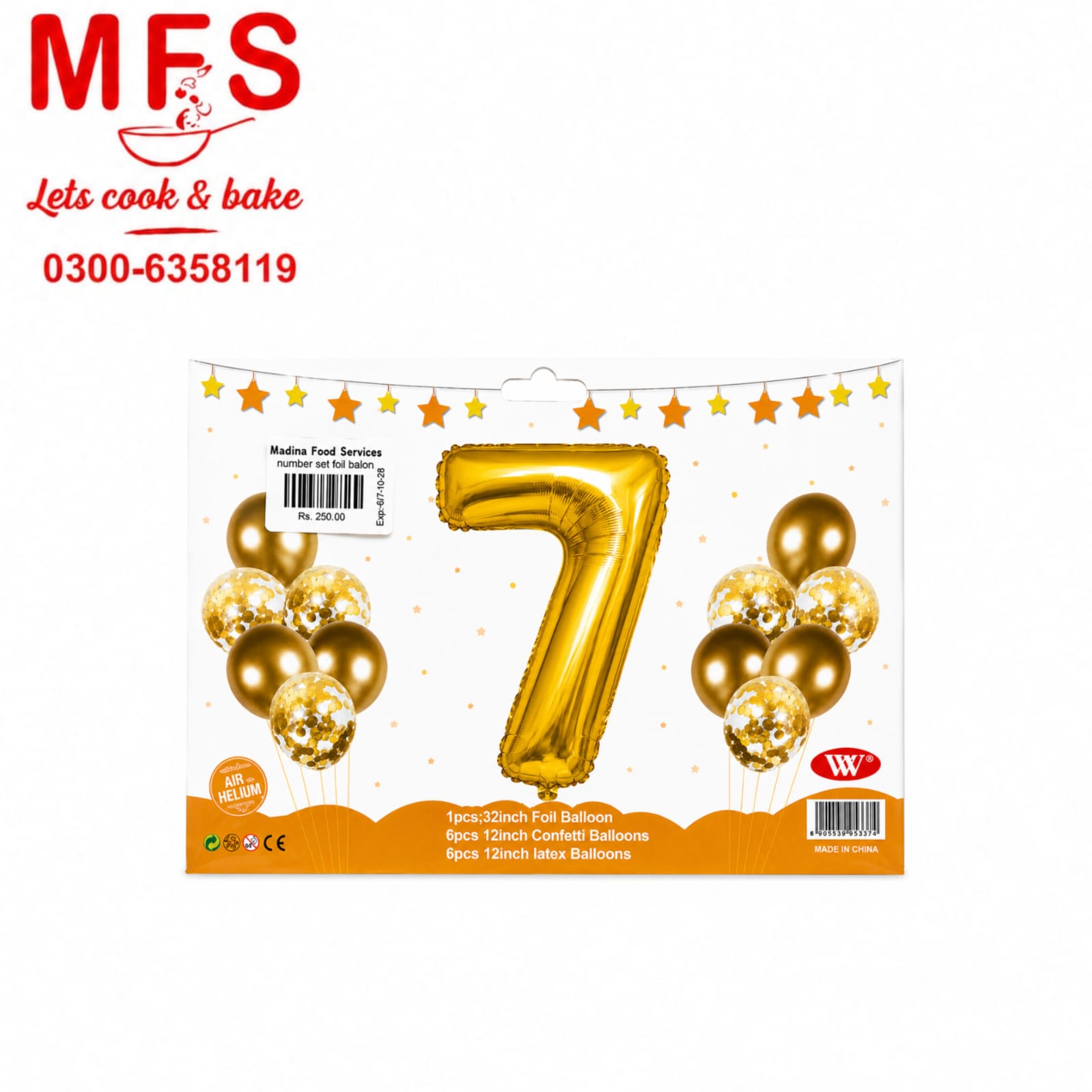 Balloons Metallic + Confetti + 32" Number 7  Golden ( pack of 13 )