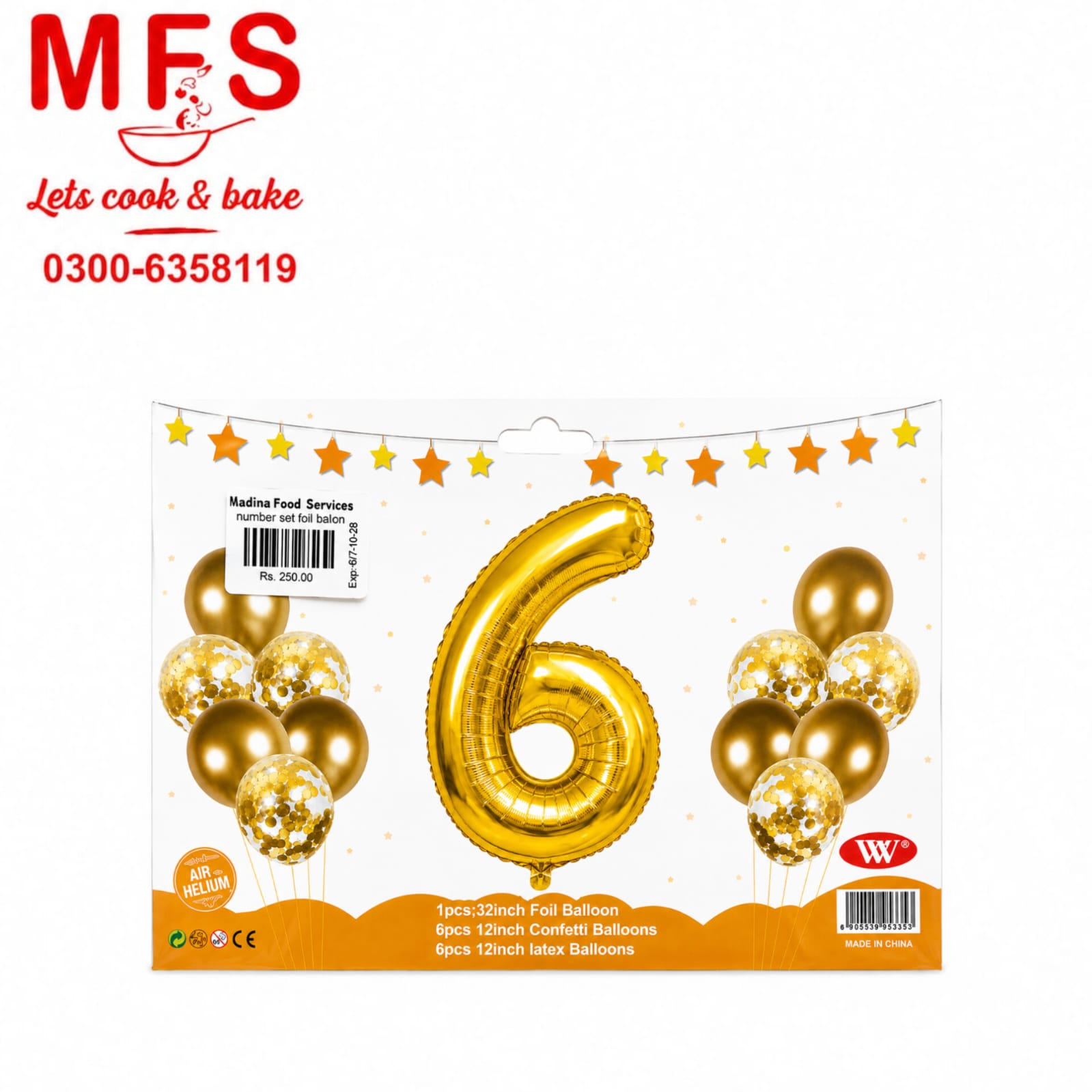 Balloons Metallic + Confetti + 32" Number 6  Golden ( pack of 13 )
