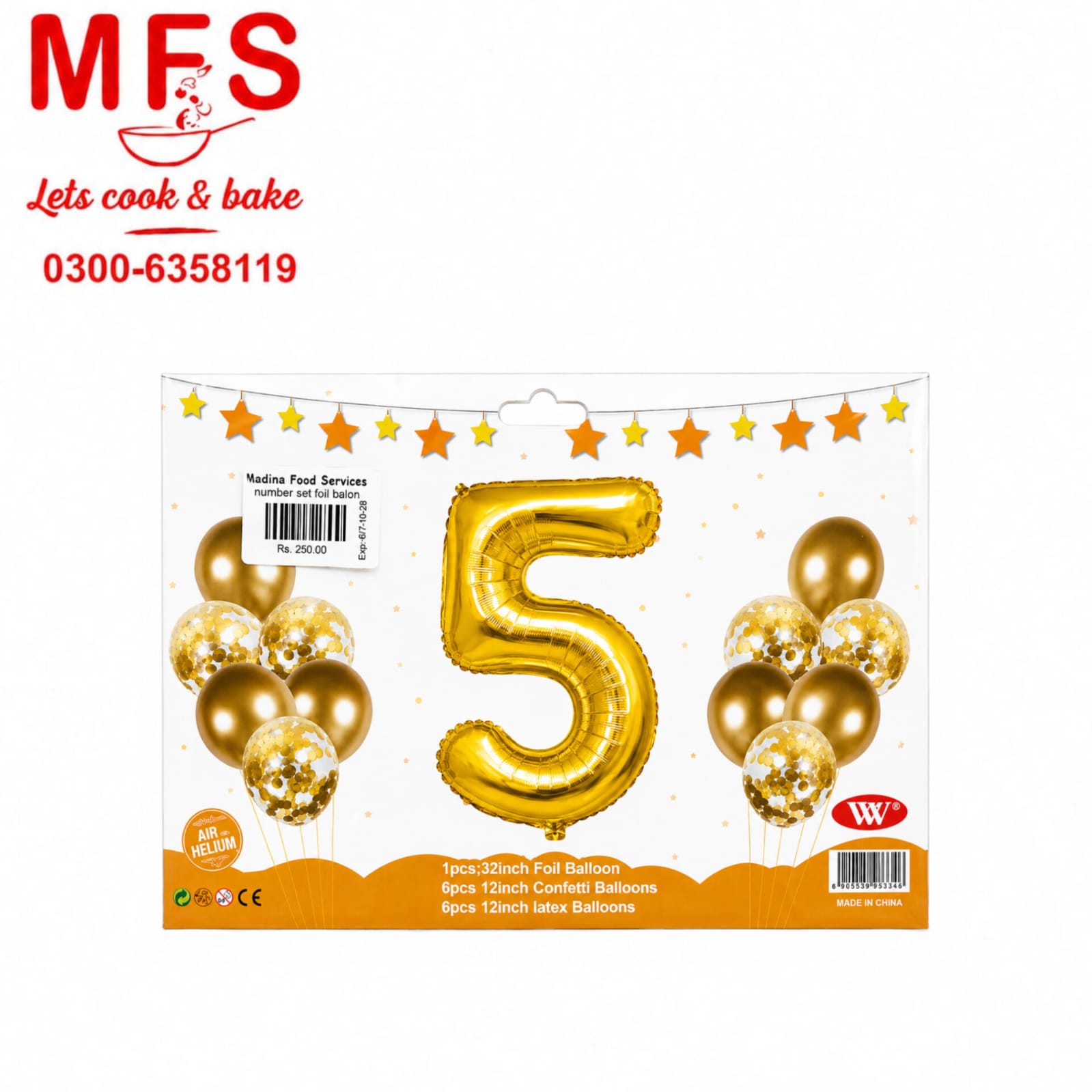 Balloons Metallic + Confetti + 32" Number 5  Golden ( pack of 13 )