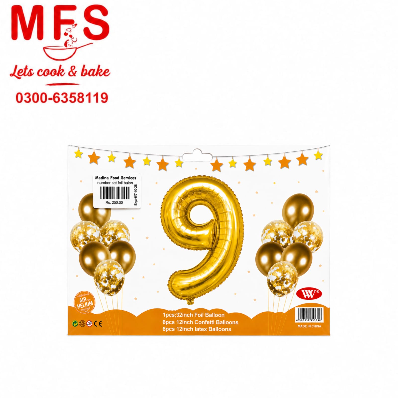 Balloons Metallic + Confetti + 32" Number 9 Golden ( pack of 13 )