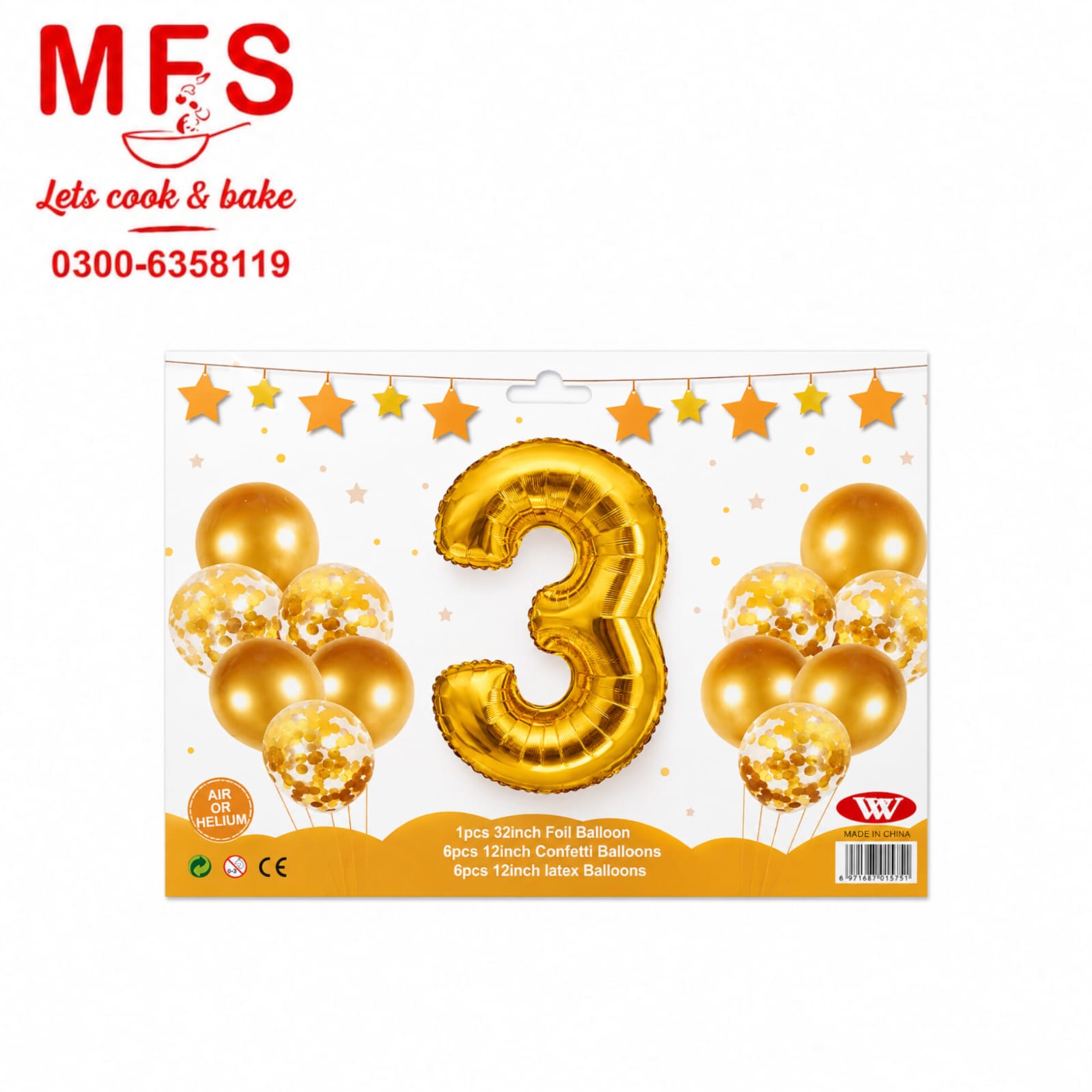 Balloons Metallic + Confetti + 32" Number 3 Golden ( pack of 13 )